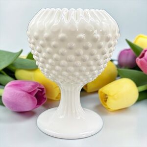 Fenton Milk Glass Hobnail IVY BALL 3757 Rose Bowl Pedestal Crimped Vintage MCM